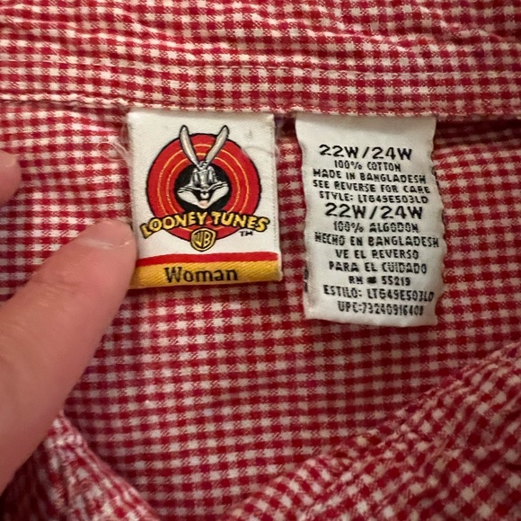 Vtg Tweety Red White Check Button Up Shirt Plus 22W 24W Embroidered 1/2 Sleeve - Picture 3 of 5